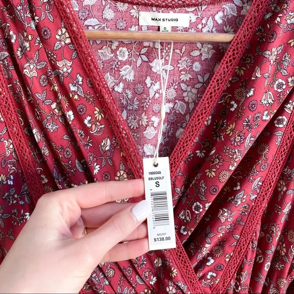 NWT Max Studio Boho Red Floral Bubble Sleeve Peasant Dress Small‎ - Picture 3 of 7